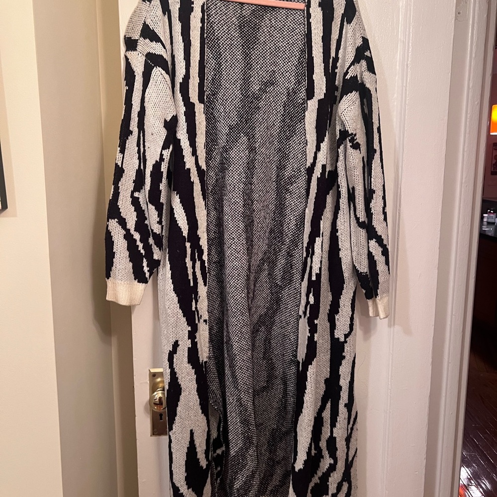 Black & Cream Knit Longline Open Cardigan Sweater